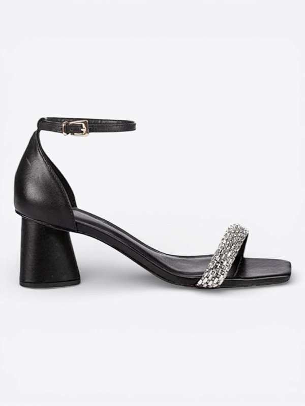 Sandália preta salto oval brilho