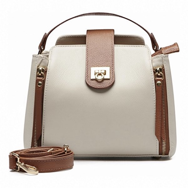 Bolsa bicolor couro off white com caramelo