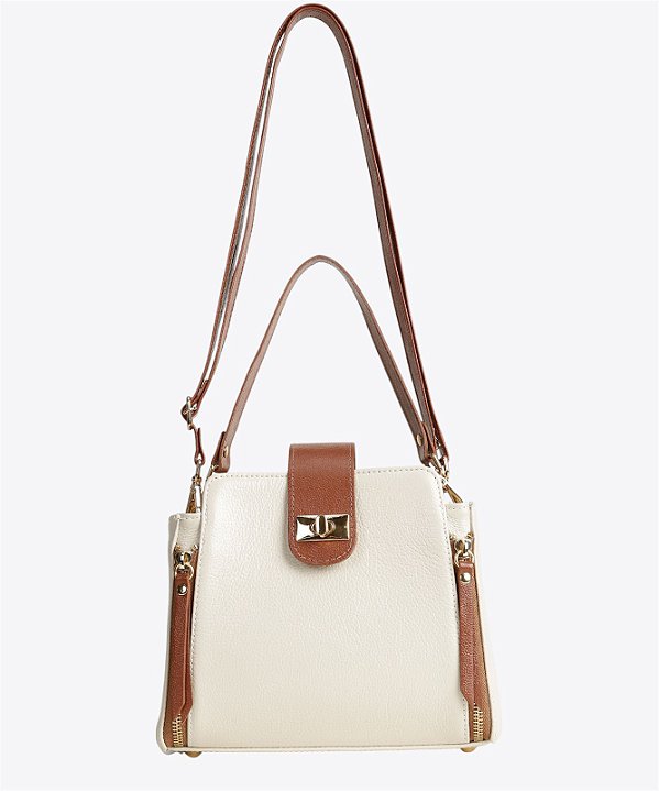 Bolsa mini baú Off white/Caramelo