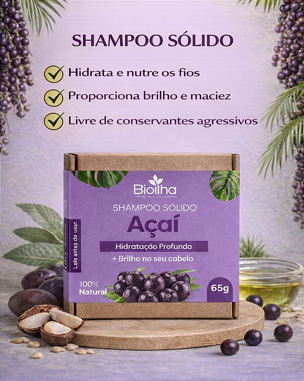 Shampoo Sólido de Açaí 65g (Açaí Solid Shampoo 65g)