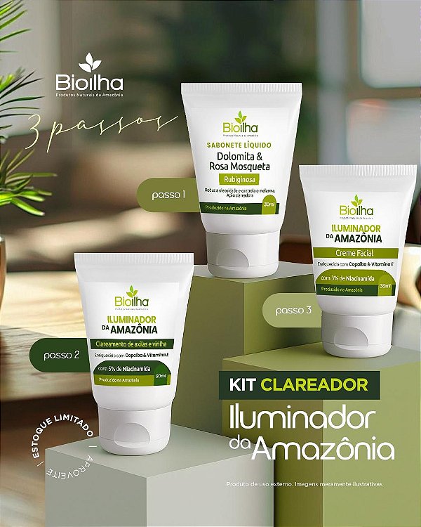 Mini kit clareador: creme iluminador corporal 30ml/sabonete de 30ml/creme facial de dolomita com niacinamida 30ml