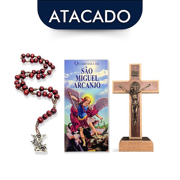 Kit Terço São Miguel + Cruz de Madeira Atacado