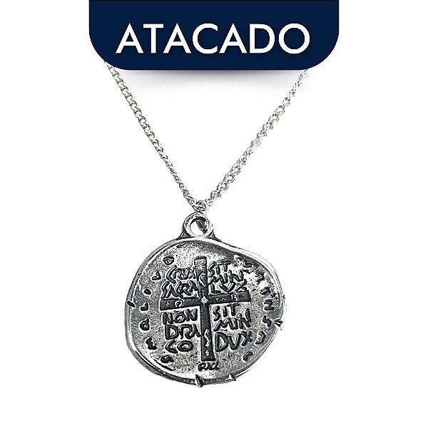 Colar Medalha Duas Cruzes Aço Inox 60cm Atacado