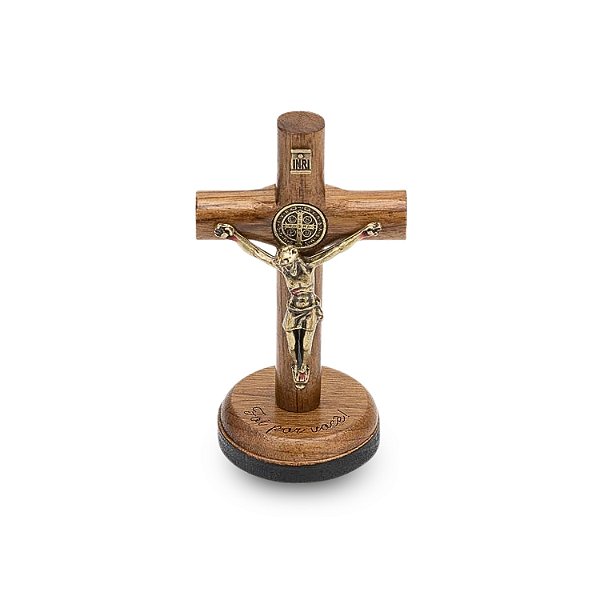 Crucifixo São Bento Mesa Madeira Maciça Cilíndrico 8cm