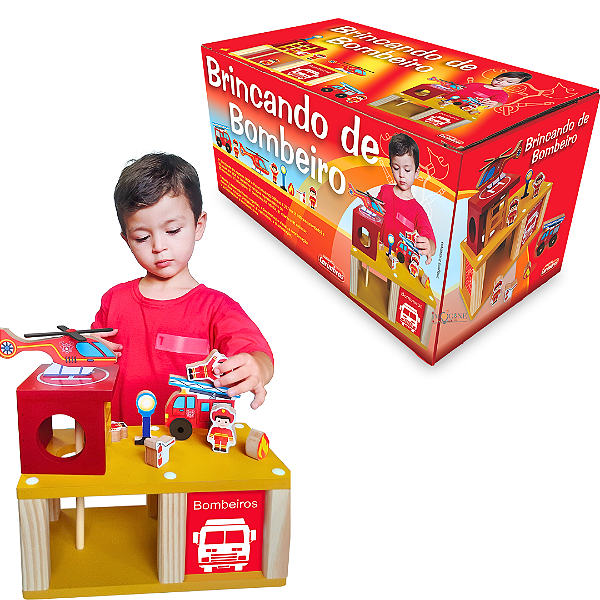 Brinquedo De Bombeiro Madeira Educativo Caminhão Helicóptero