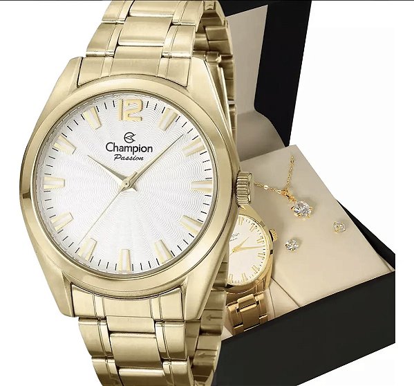 Relógio Champion Feminino Dourado Kit Colar Brincos