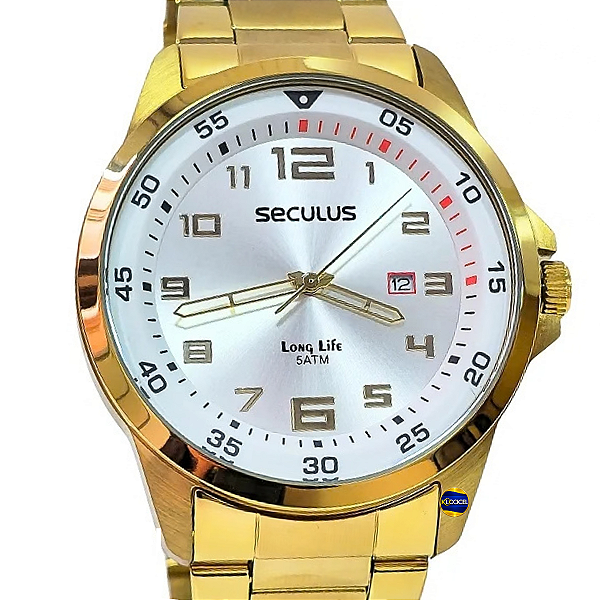 Relógio Seculus Masculino Dourado 18K Long Life 20802GPSVDA1 KlockCel