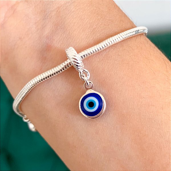 Berloque olho grego azul escuro banhado a prata