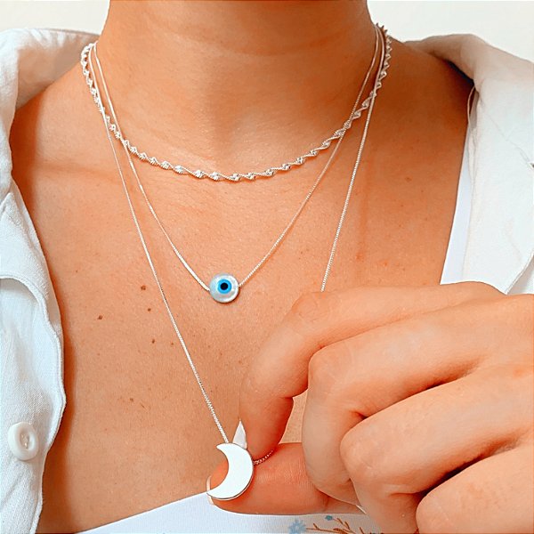 Cordão lua lisa 45cm banhado a prata