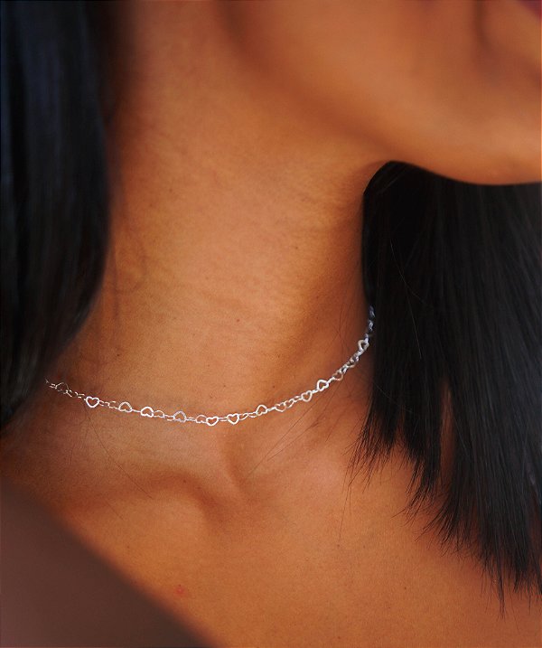 Chocker corrente corações 40cm prata 925