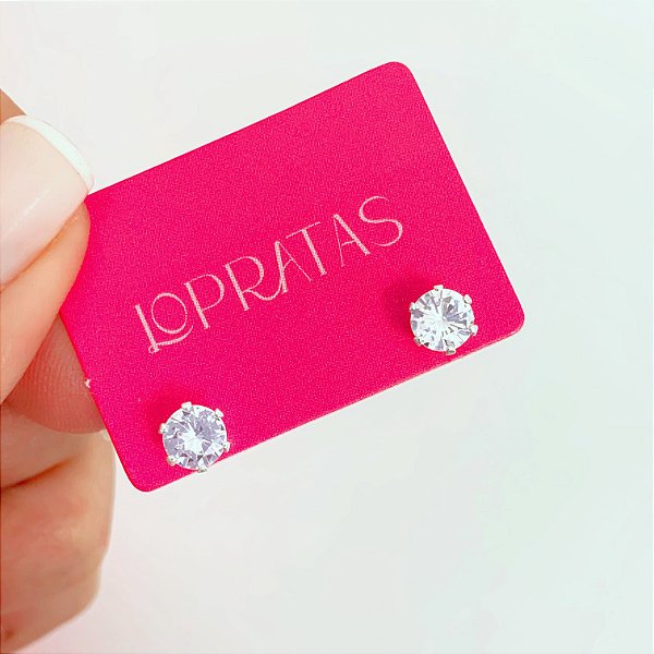 Brinco zircônia redonda grande cristal banhado a prata