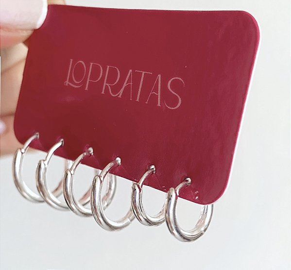 Trio de argolas click lisa fina banhado a prata