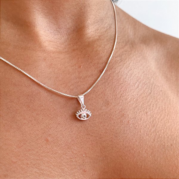 Cordão olho grego grande pedra banhado a prata