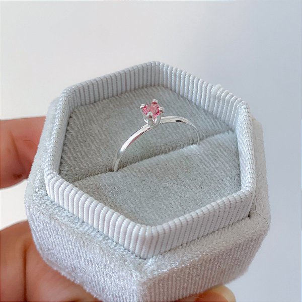 Anel solitário basic rosa banhado a prata