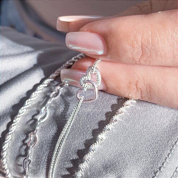 Pulseira 2 corações amor banhado a prata