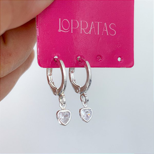 Argola click pingente ponto de luz coração banhado a prata