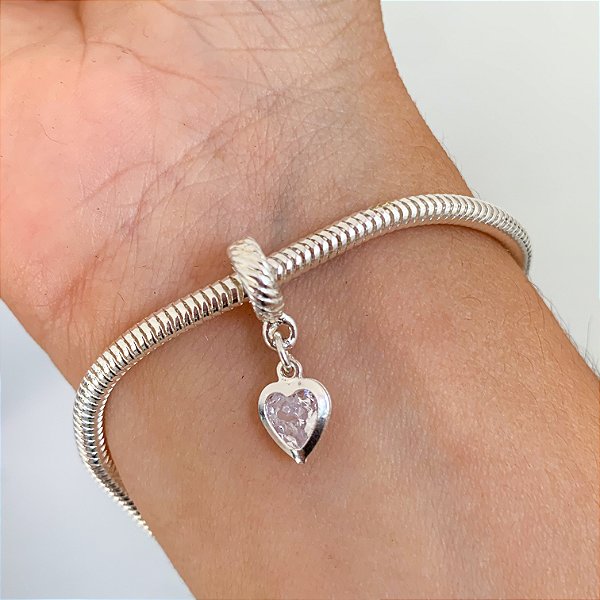 Berloque ponto de luz coração cristal banhado a prata