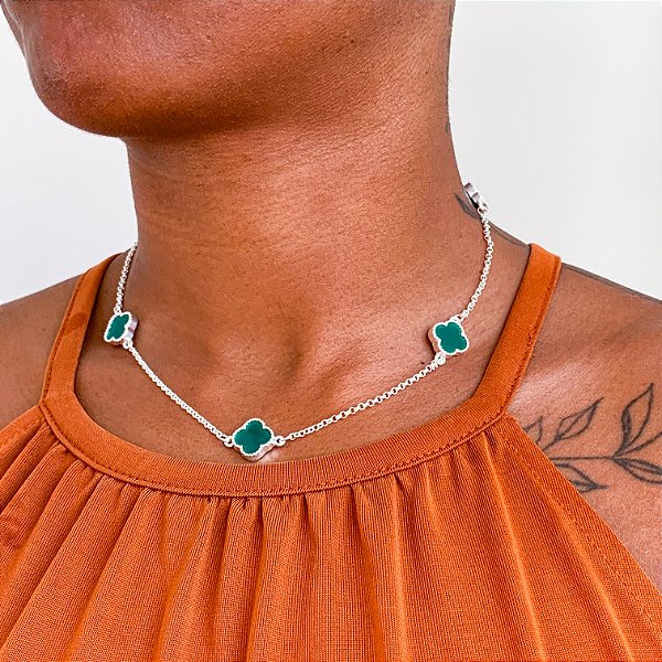 Cordão Virginia trevo verde banhado a prata