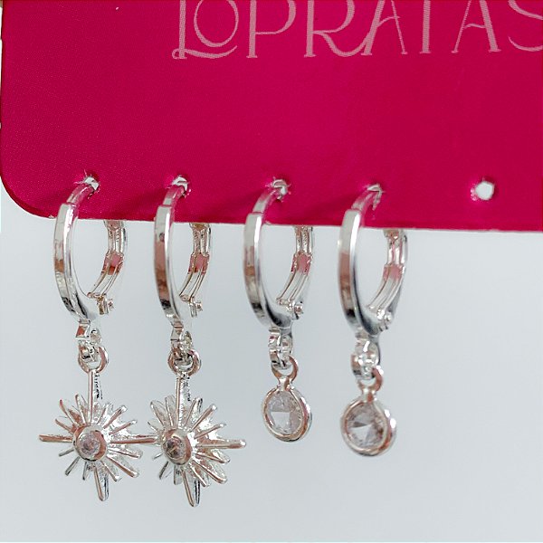 Kit de argolas click pingentes estrela cadente banhado a prata