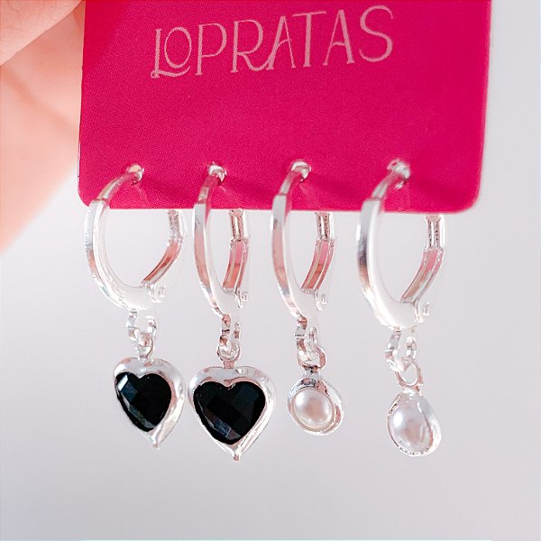 Kit de argolas click pingentes black banhado a prata