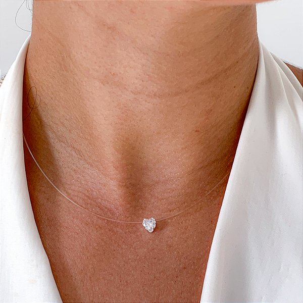 Cordão nylon coração zircônia banhado a prata