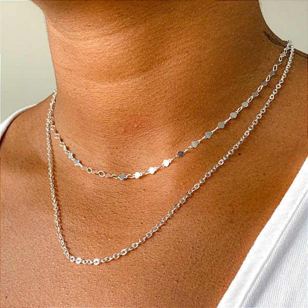 Chocker dupla medalhas e corrente elos banhado a prata