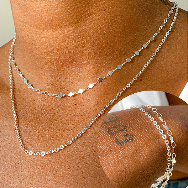 Conjunto dupla medalhas e corrente elos banhado a prata