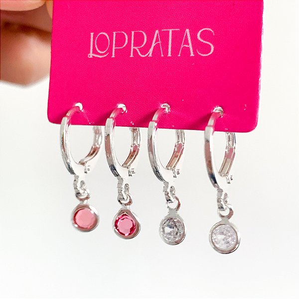 Kit de argolas click pingentes ponto de luz rosa banhado a prata