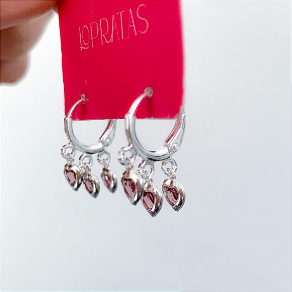 Argola click 3 pingentes Ametista banhado a prata