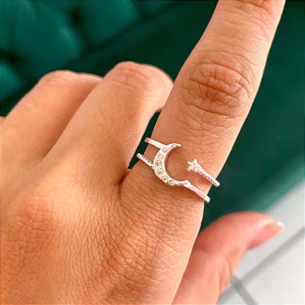 Anel duplo regulável lua banhado a prata