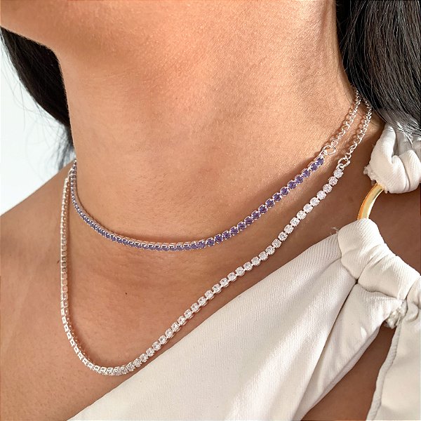 Chocker luxo pedra zircônia lilás banhado a prata