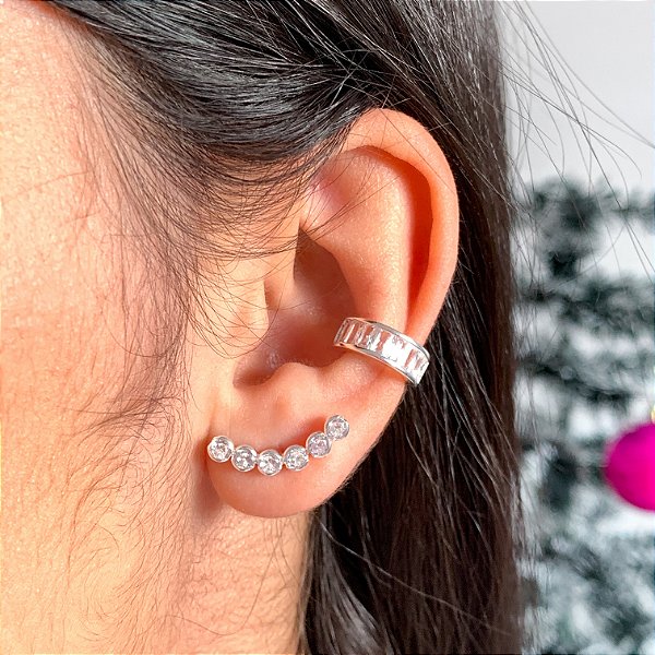 Brinco Ear Cuff pedras banhado a prata