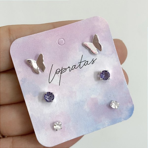 Trio de brincos borboleta lilás banhado a prata