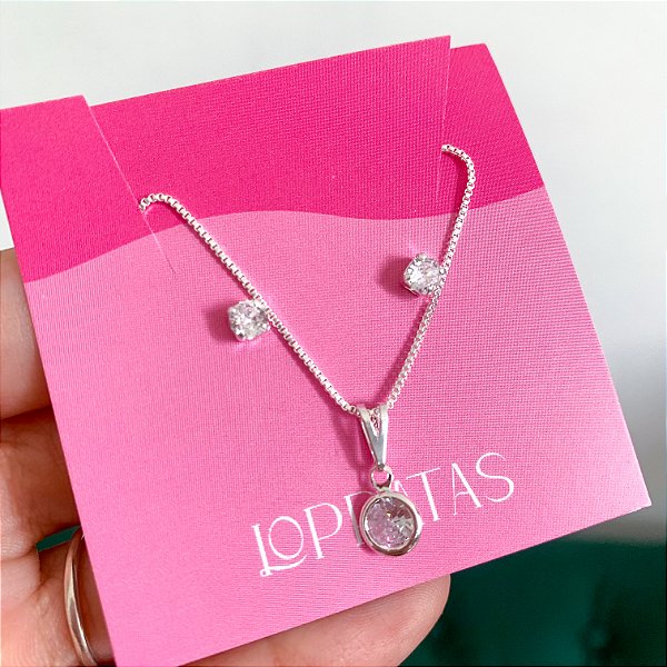 Conjunto ponto de luz zircônia tradicional banhado a prata