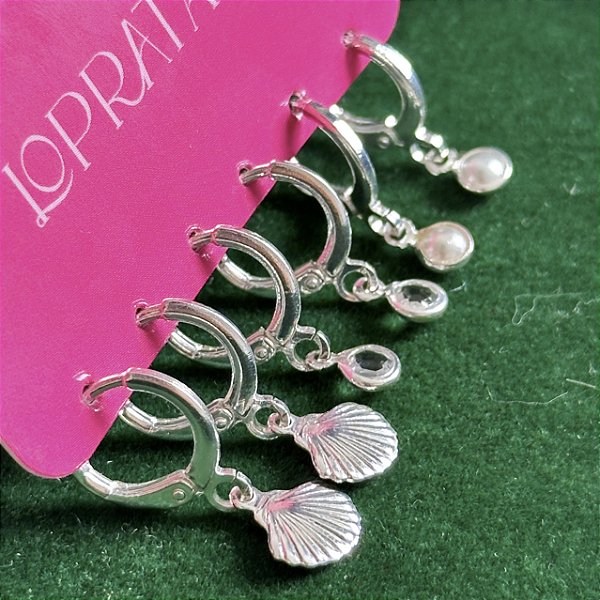 Kit de argolas click pingentes concha banhado a prata