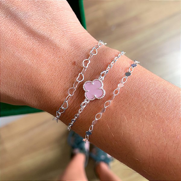 Conjunto de pulseiras 3un trevo rosa banhado a prata