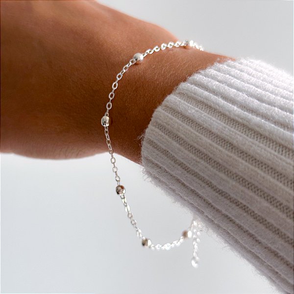 Pulseira corrente com bolinhas banhado a prata