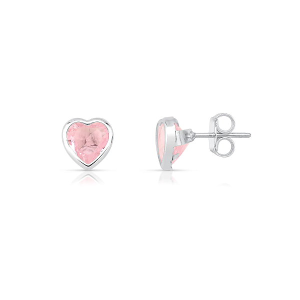 Brinco coração Rosa com borda 8mm em Prata 925