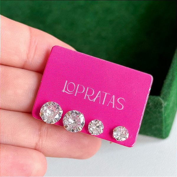 Kit de brincos zircônia redonda ponto de luz Prata 925