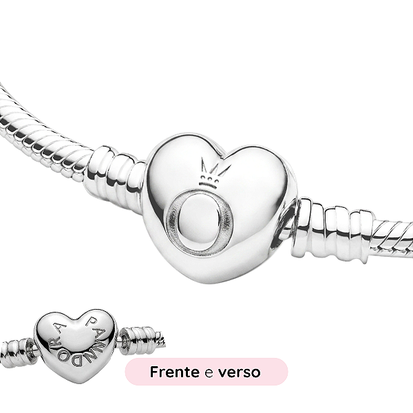 Pulseira de berloques inspiração coroa fecho coração banhado a prata