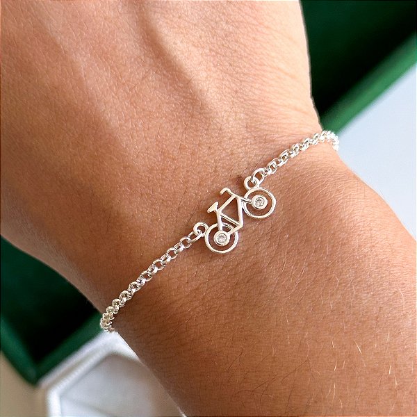 Pulseira Esportes bicicleta cravejada bike elos banhado a prata