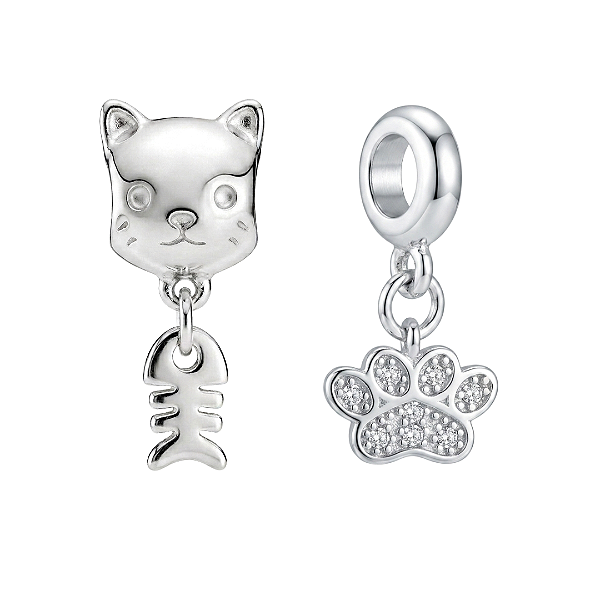 Kit de berloques pet patinha e gatinho banhado a prata