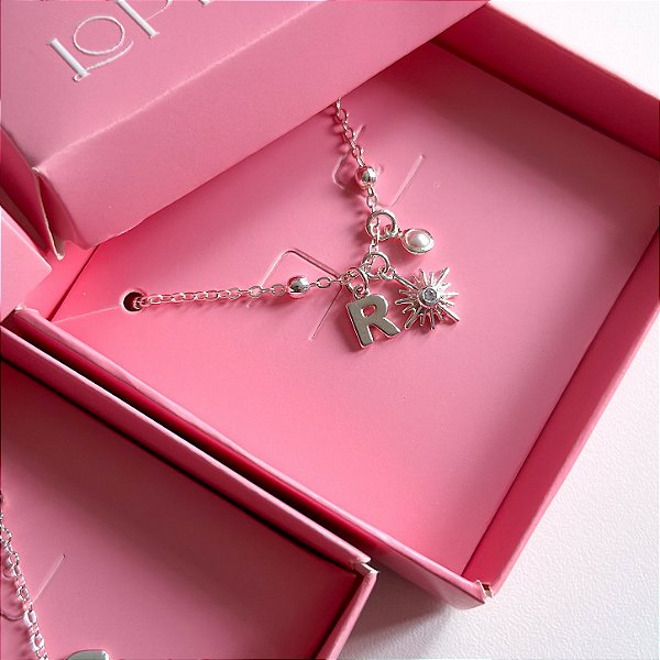 Cordão patuá charms personalizado 45cm corrente elos bolinhas banhado a prata