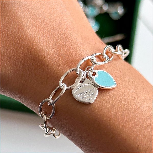 Pulseira elos grandes 2 pingentes inspiração Tiffany banhado a prata