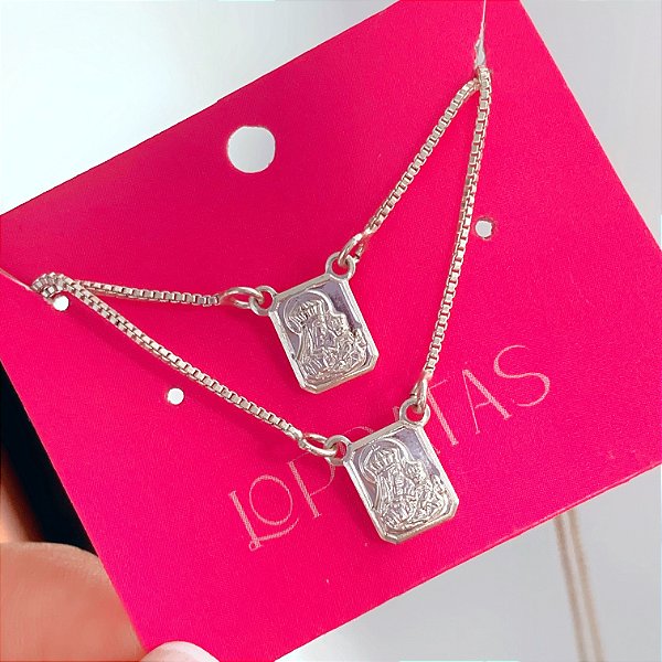 Escapulário mini plaquinha tradicional 60cm banhado a prata