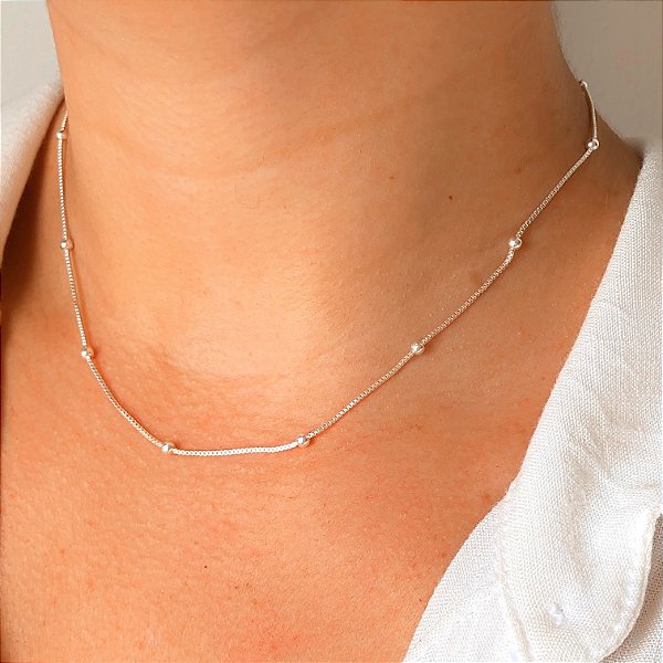 Corrente veneziana bolinhas 40cm banhado a prata
