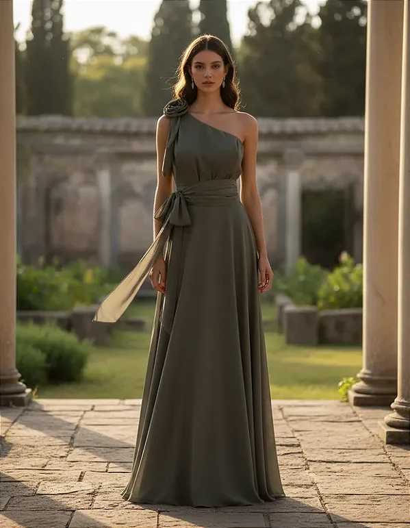 Vestido Longo Para Madrinha Decote Assimétrico com Flor