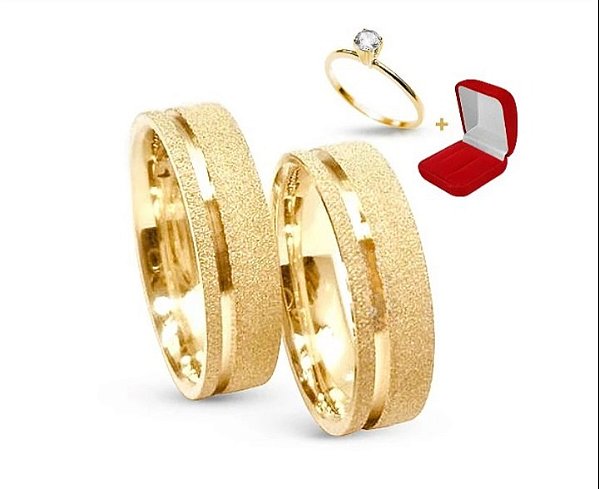 Combo Par de Alianças Tungstênio Banhada Ouro 18k Diamantada MG+ Solitário liso  (  2 anos de garantia )