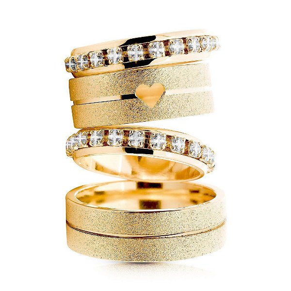 Conjunto Aliança Diamantada Coração Banhada Ouro 24k + 2 Aparadores ( 2 anos de garantia)