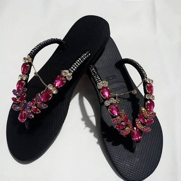 Chinelo Havaianas Slim Preto com Cabedal Sereia Pink & Prata